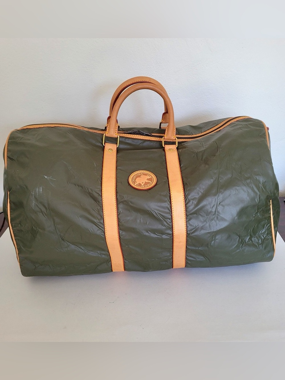 Hunting World Safari Today Duffle Bag Olive Green Leather Trim Travel Luggage
